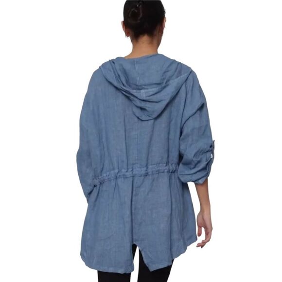 Pistache Pure linen  blue oversized longline hooded jacket cardigan size M - Picture 1 of 9